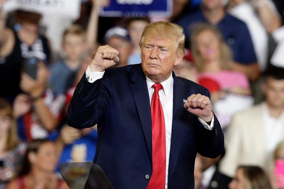 President Donald Trump gestures while speaking at a campaign rally in Greenville, N.C., on July 17, 2019.