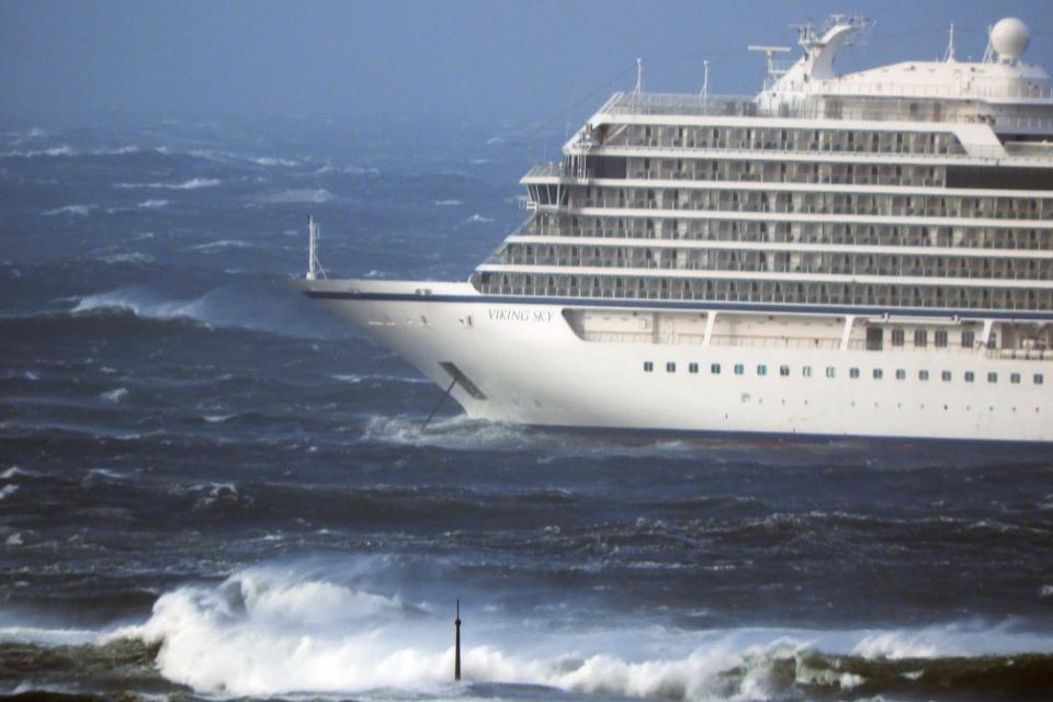 The Viking Sky lays at anchor in bad weather after it sent out a Mayday signal because of engine failure (AP)