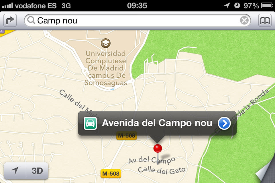 <b>1. El Camp Nou, en Madrid</b><br><br> La nueva aplicación de Apple coloca al estadio del Fútbol Club Barcelona en la ciudad del equipo rival, aunque más en concreto lo lleva hasta Pozuelo de Alarcón, justo al lado del Campus de Somosaguas de la Universidad Complutense de Madrid. El sistema lo confunde con la Avenida del Campo nou.