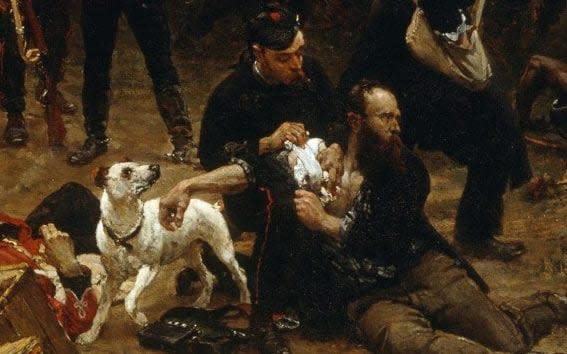 James Reynolds, with his faithful dog Dick, attends to James Walton at the Battle of Rorke's Drift, in a painting by Alphonse de Neuville - Google_Art_Project