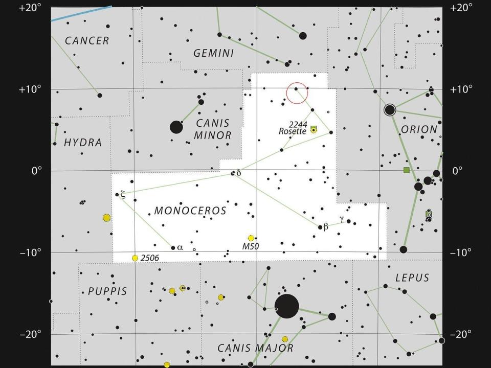 A map of the stars shows where the cone nebula is found in the Monoceros (Unicorn) constellation.