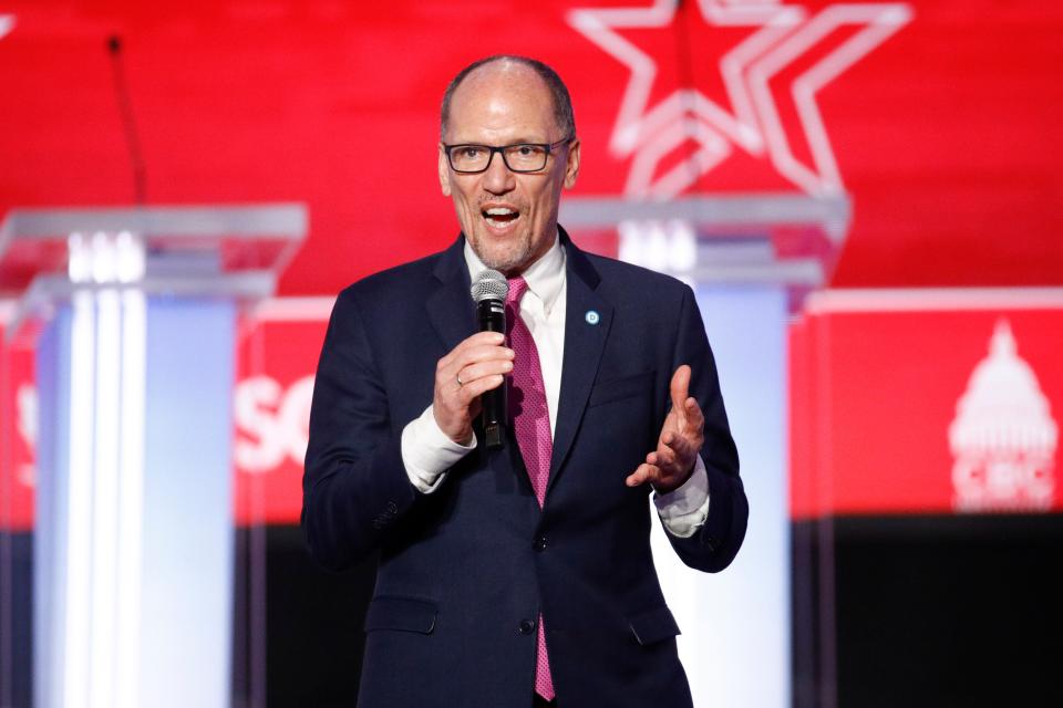 Former Democratic National Committee chairman Tom Perez has been tapped by President Joe Biden for the White House. Here, Perez speaks before the start of the Democratic presidential primary debate at the Gaillard Center in Charleston, S.C., co-hosted by CBS News and the Congressional Black Caucus Institute on Feb. 25, 2020.