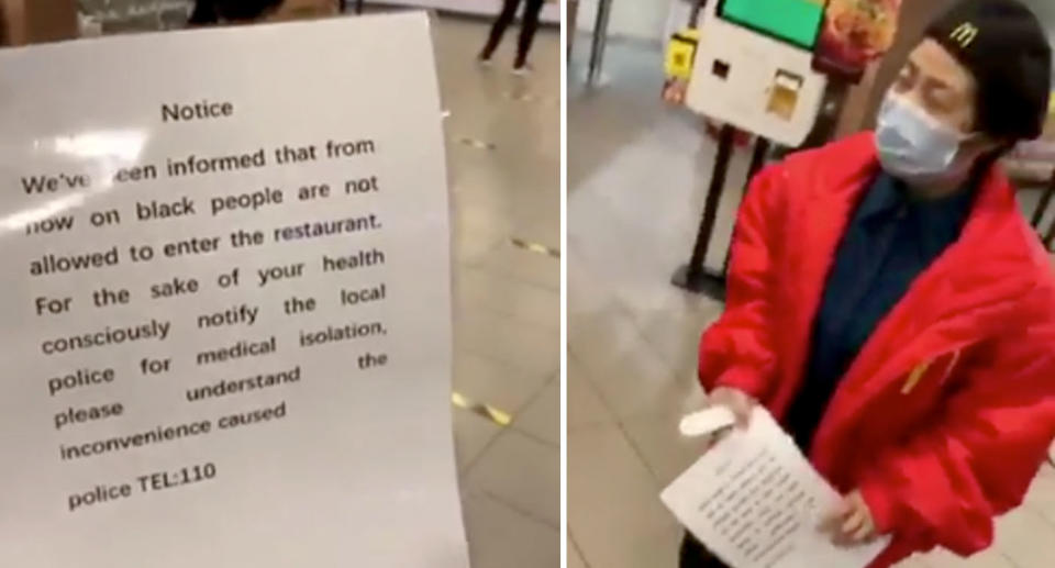 A McDonald's employee distributes the notice which says black people are banned from the store. Source: Black Livity China