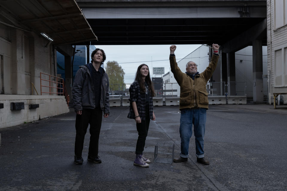 Simon Khan as Matt, Brooklynn Prince as Kaitlyn and Brian Cox as Jaan in Little Wing. (Paramount+)