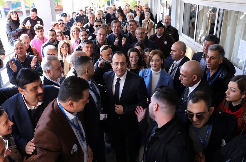 Presidential candidate Nikos Christodoulides during the second round of the presidential election in Geroskipou near Paphos