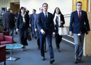 Leader of Venezuela's political opposition Juan Guaido, center, arrives prior to a meeting with European Union foreign policy chief Josep Borrell at EU headquarters on Wednesday, Jan. 22, 2020. (Aris Oikonomou, Pool Photo via AP)