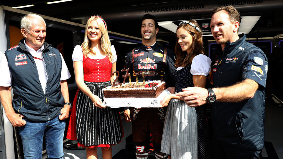 Daniel Ricciardo, pictured here with Red Bull bosses Helmut Marko and Christian Horner in 2016. 