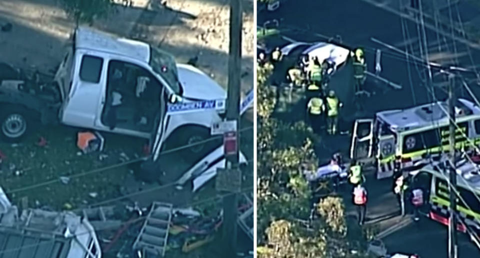 Pictured is a crashed truck (left) and a stretcher outside an ambulance (right). 