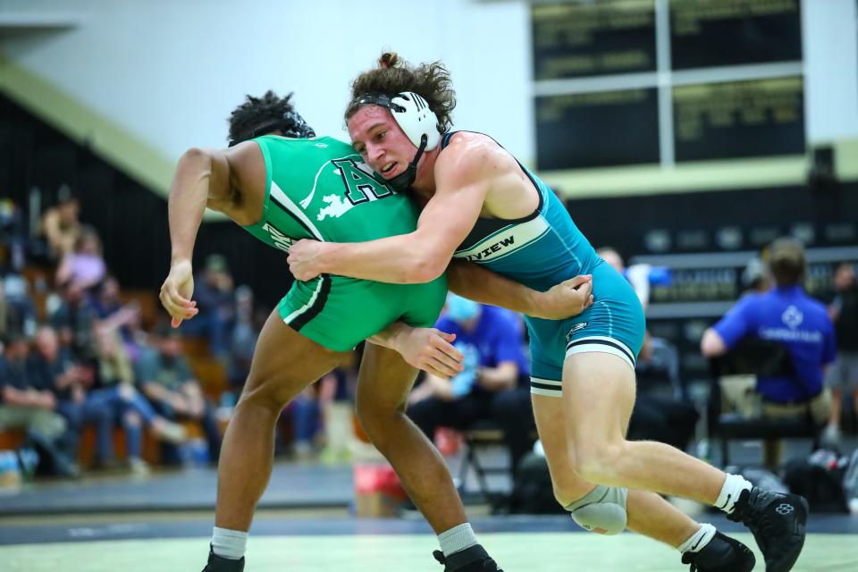 Forestview's Jesse Osborne matches up with Ashbrook's Khadin Boone in the 152-pound division at Jan. 26's Big South 3A wrestling tournament.