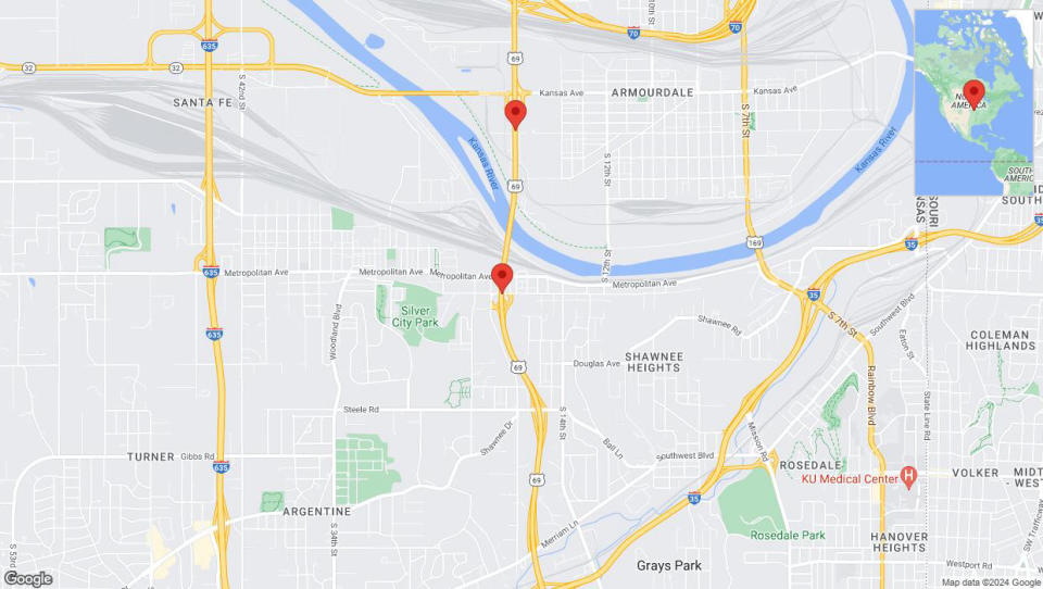 A detailed map that shows the affected road due to 'Kansas City: US-69 closed' on July 10th at 8:59 p.m.