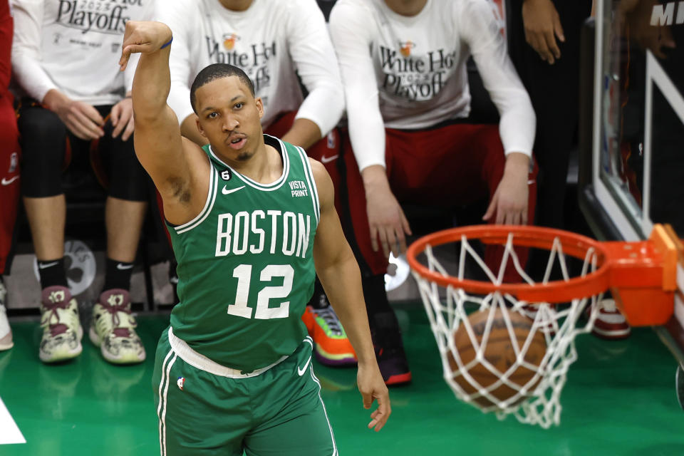 Boston Celtics forward Grant Williams scores during the second half in Game 7 of the NBA basketball Eastern Conference finals against the Miami Heat Monday, May 29, 2023, in Boston. (AP Photo/Michael Dwyer)