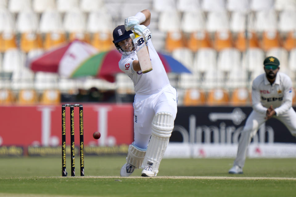 England's Joe Root plays a shot during the third day of the first test cricket match between Pakistan and England, in Multan, Pakistan, Wednesday, Oct. 9, 2024. (AP Photo/Anjum Naveed)