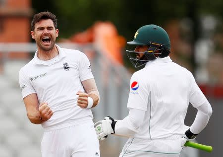 Britain Cricket - England v Pakistan - Second Test - Emirates Old Trafford - 25/7/16 England's James Anderson celebrates taking the wicket of Pakistan's Azhar Ali Action Images via Reuters / Jason Cairnduff Livepic
