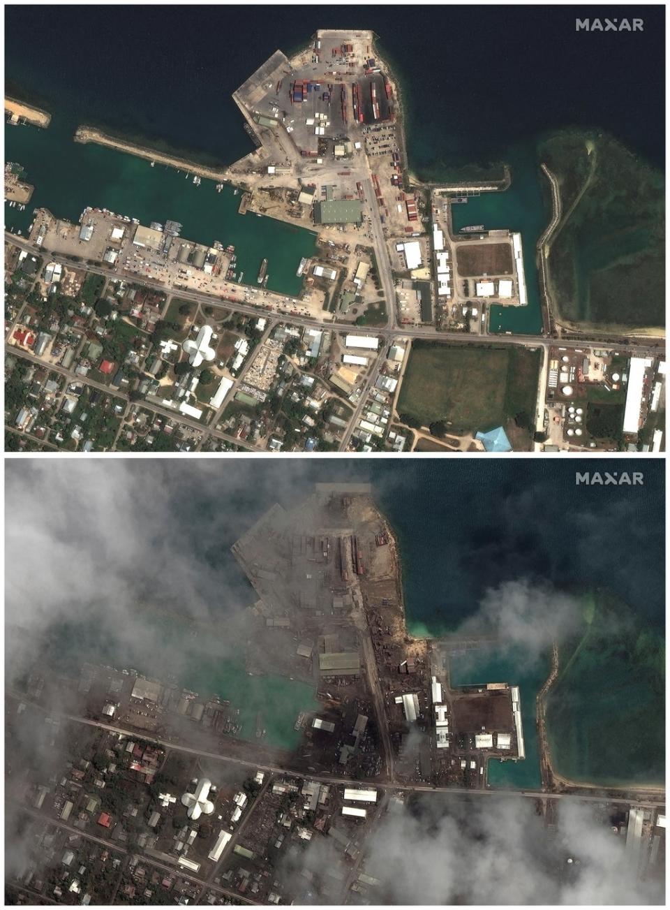Satellite images show the main port facilites before and after the main eruption (via REUTERS)