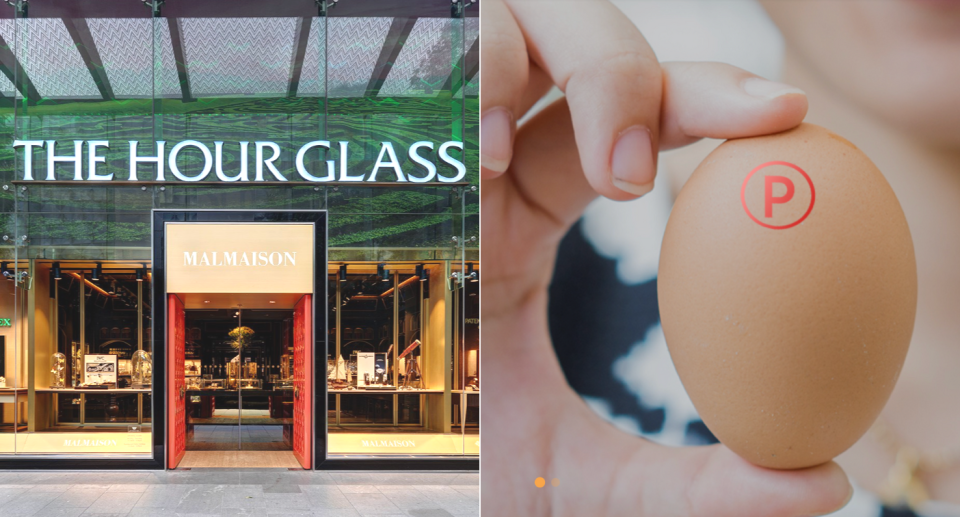Facade of a The Hour Glass shop (left), hands holding an egg from Eggriculture Foods (right), illustrating a story on the Forbes Asia Best Under A Billion list.