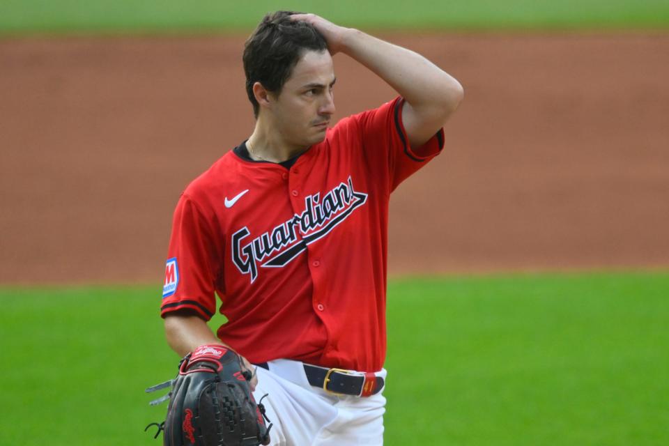 Aug 5, 2024; Cleveland, Ohio, USA; Cleveland Guardians starting pitcher Logan Allen (41) reacts after he was hit in the head by a batted ball in the first inning against the Arizona Diamondbacks at Progressive Field. Mandatory Credit: David Richard-USA TODAY Sports