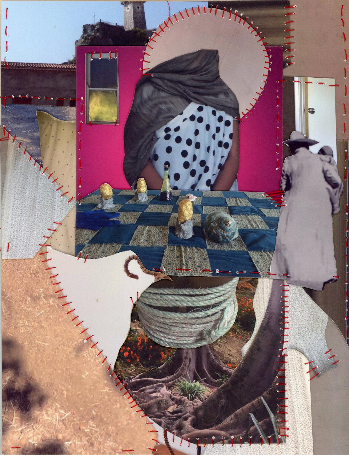 "Visitation," 2024, photo-collage and thread