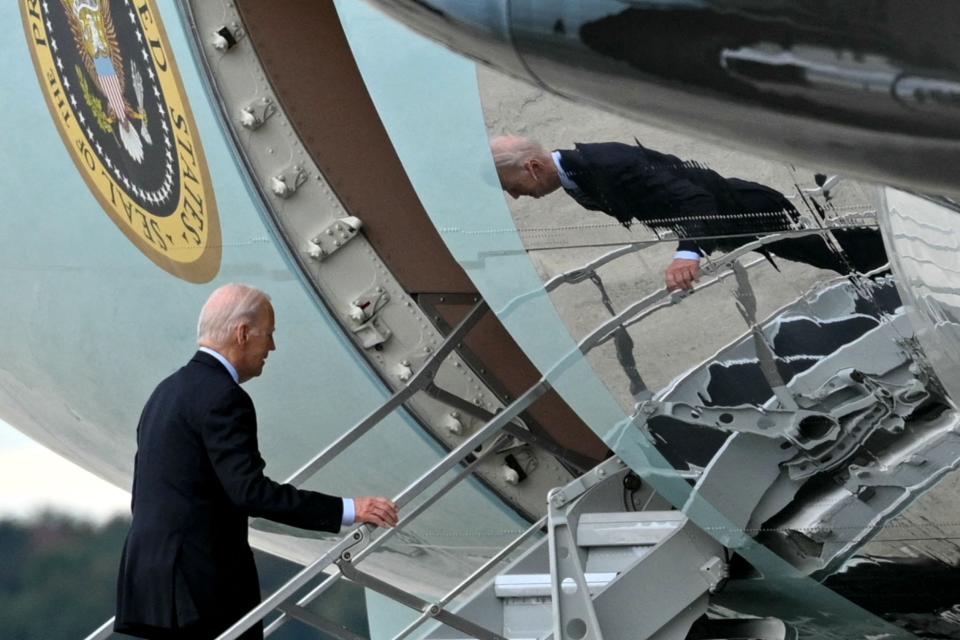 US President Joe Biden boards Air Force One at Joint Base Andrews in Maryland, on October 17, 2023, enroute to Israel. Biden will visit Israel October 18 in a show of "ironclad" support as Washington tries to prevent the escalating war against Hamas in Gaza from spilling over into a wider Middle East conflict.