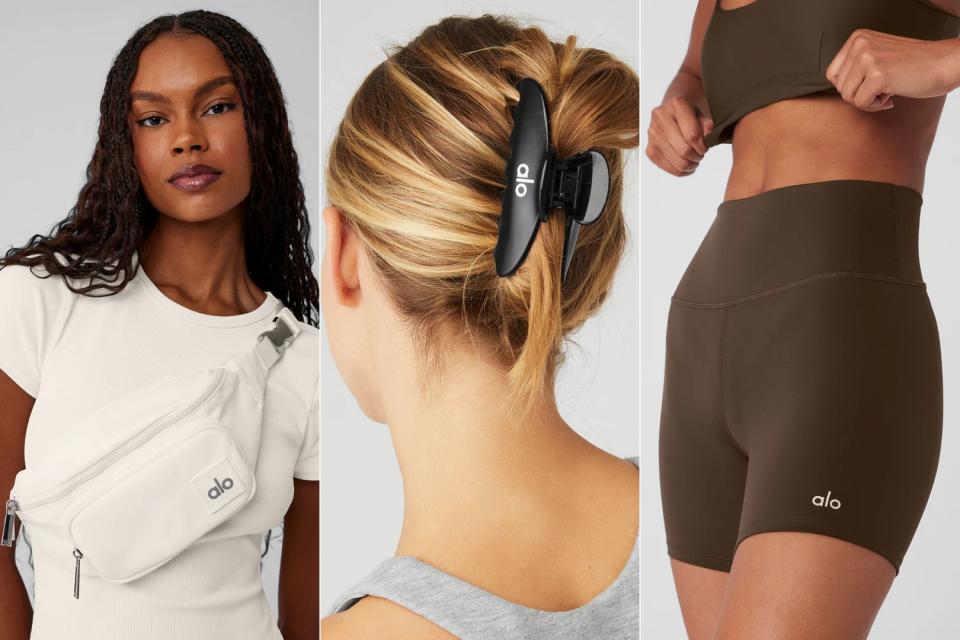 three people wearing alo yoga items that are currently on sale, alo yoga sale
