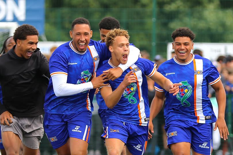 West Indies celebrate a goal vs Yemen in the 2023 World In One City final