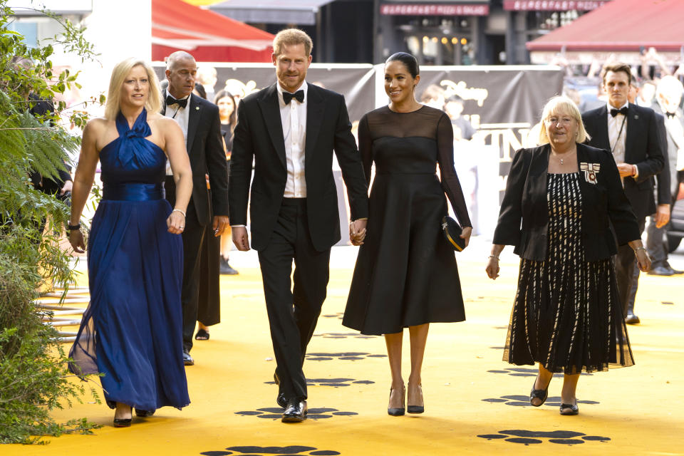 LONDON, ENGLAND - JULY 14: Prince Harry, Duke of Sussex and Meghan, Duchess of Sussex arrive to attend the European Premiere of Disney's "The Lion King" at Odeon Luxe Leicester Square on July 14, 2019 in London, England.  (Photo by Niklas Halle'n-WPA Pool/Getty Images)