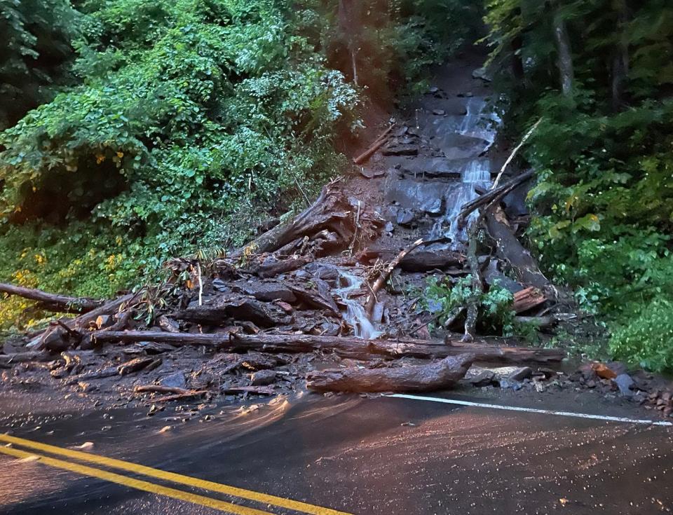 A rockslide closes U.S. Highway 441/Newfound Gap Road in the Great Smoky Mountains National Park on June 26, 2023.