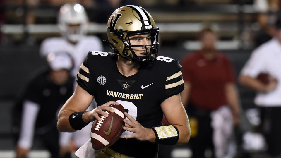 Vanderbilt quarterback Ken Seals (8) looks to pass the ball against Stanford in the first half of an NCAA college football game Saturday, Sept. 18, 2021, in Nashville, Tenn. (AP Photo/Mark Zaleski)