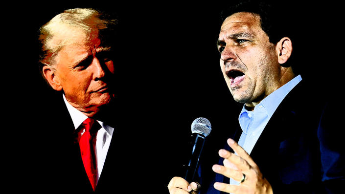 Former President Donald Trump and Florida Governor Ron DeSantis are seen together in a photo illustration.