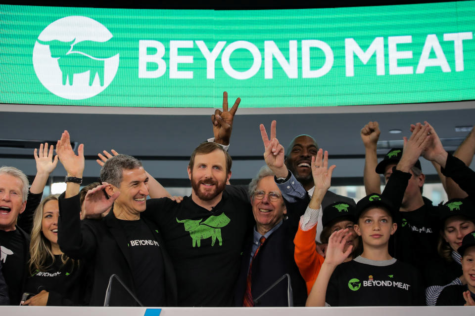 Ethan Brown, founder and CEO of Beyond Meat, and guests ring the opening bell to celebrate his company's IPO at the Nasdaq Market site in New York, U.S., May 2, 2019. REUTERS/Brendan McDermid