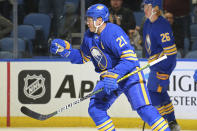 Buffalo Sabres forward Kyle Okposo (21) celebrates his goal during the first period of the team's NHL hockey game against the Vancouver Canucks, Tuesday, Oct. 19, 2021, in Buffalo, N.Y. (AP Photo/Jeffrey T. Barnes)