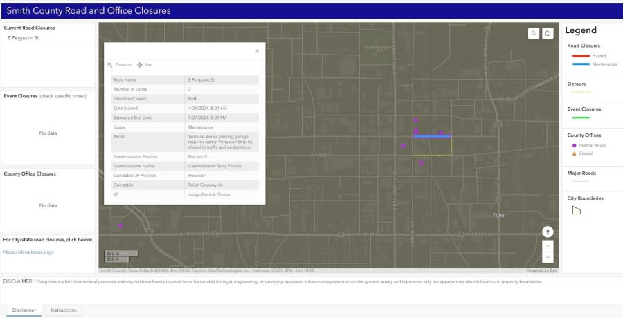 Screenshot from Smith County Road and Office Closures Map.