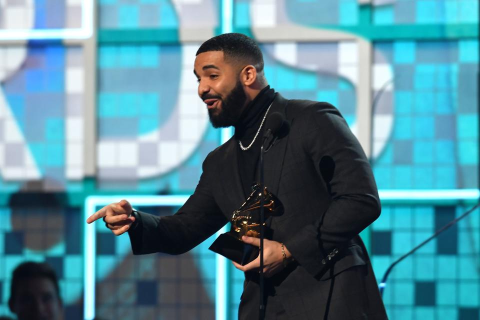 Canadian rapper Drake accepts the award for Best Rap Song for 