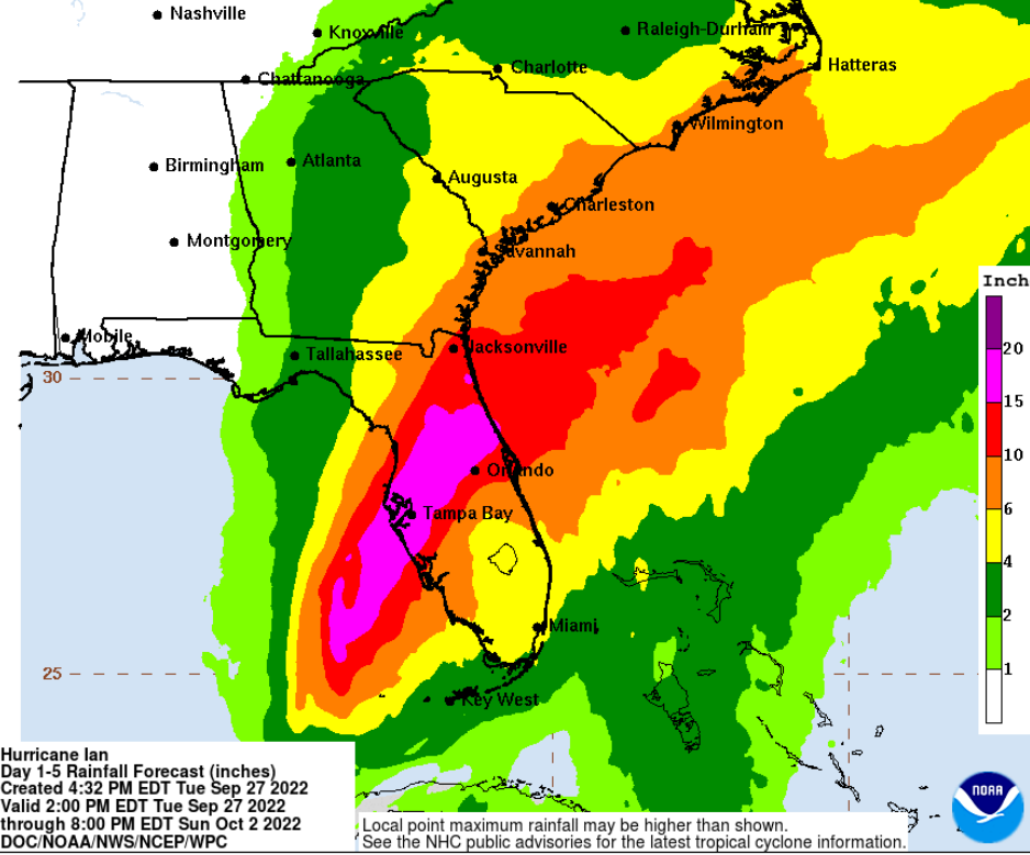 This NOAA forecast indicates rainfall from Hurricane Ian could reach between 15 and 20 inches in Volusia County.