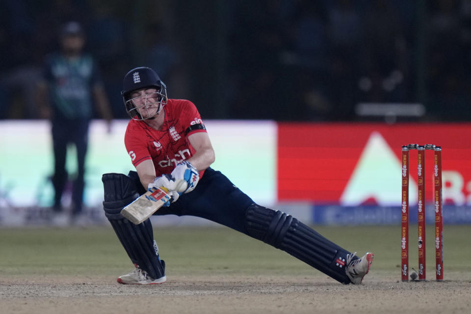 England's Harry Brook plays a shot during the first T20 cricket match between Pakistan and England, in Karachi, Pakistan, Tuesday, Sept. 20, 2022. (AP Photo/Anjum Naveed)