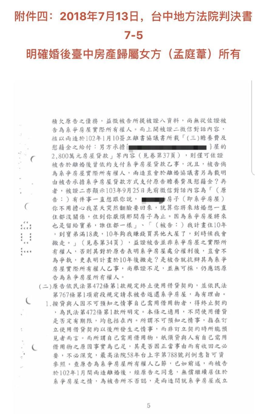 孟庭葦提出的法院判決書中，顯示台中地方法院將房產判決歸孟庭葦所有。（豐華提供）