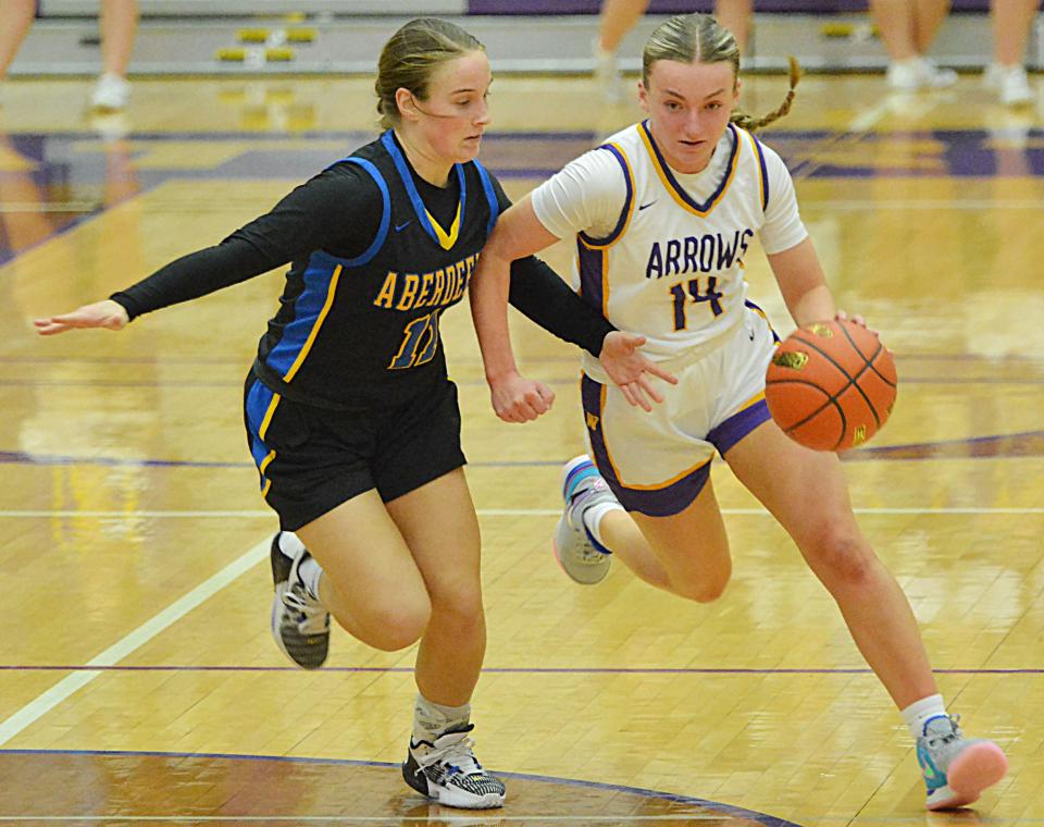 Watertown's Miranda Falconer handles the ball against Aberdeen Central's Ayrlie Waldo during their high school girls basketball game on Tuesday, Jan. 9, 2024 in the Watertown Civic Arena. Aberdeen Central won 41-35.