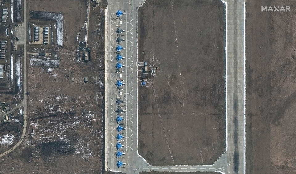 This image provided by Maxar Technologies shows 11 SU-34 aircrafts at Morozovsk airbase in Russia, on Saturday, March 27, 2021. Russia has insisted that it has the right to restrict foreign naval ships' movement off Crimea, rejecting Ukrainian complaints and Western criticism. Ukraine last week protested the Russian move to close broad areas of the Black Sea near Crimea to foreign navy ships and state vessels until November. (Satellite image ©2021 Maxar Technologies via AP)