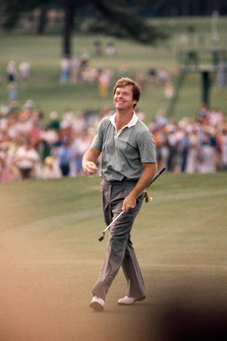 Tom Watson reacts to his putt during the final round of the 1981 Masters.