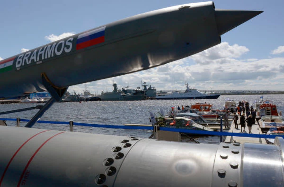 File A Brahmos supersonic cruise missile is on display at the International Maritime Defence Show in Saint Petersburg  (AFP via Getty Images)