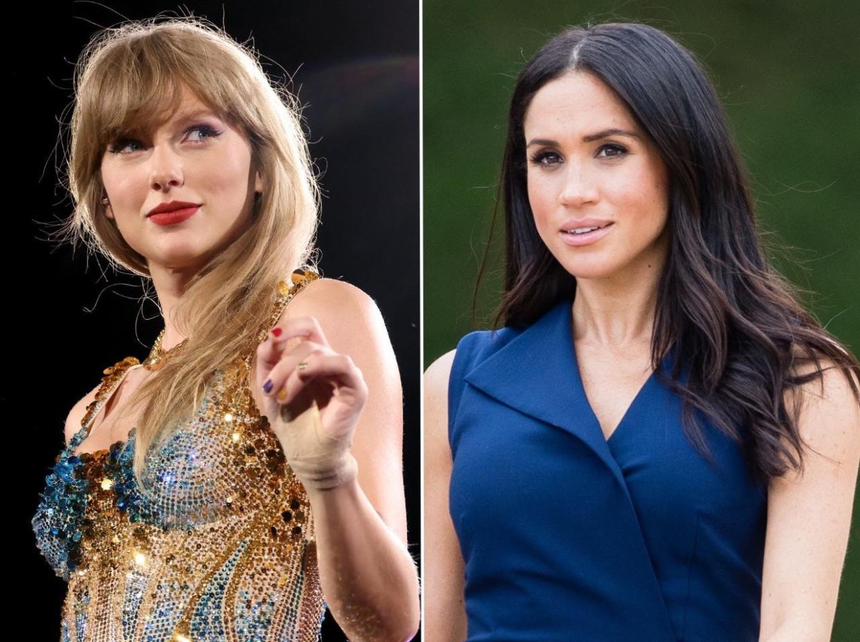 Taylor Swift during her Eras Tour performance in Nashville, Tennessee on May 6, 2023 (L), Meghan Markle on October 18, 2018 in Melbourne, Australia.