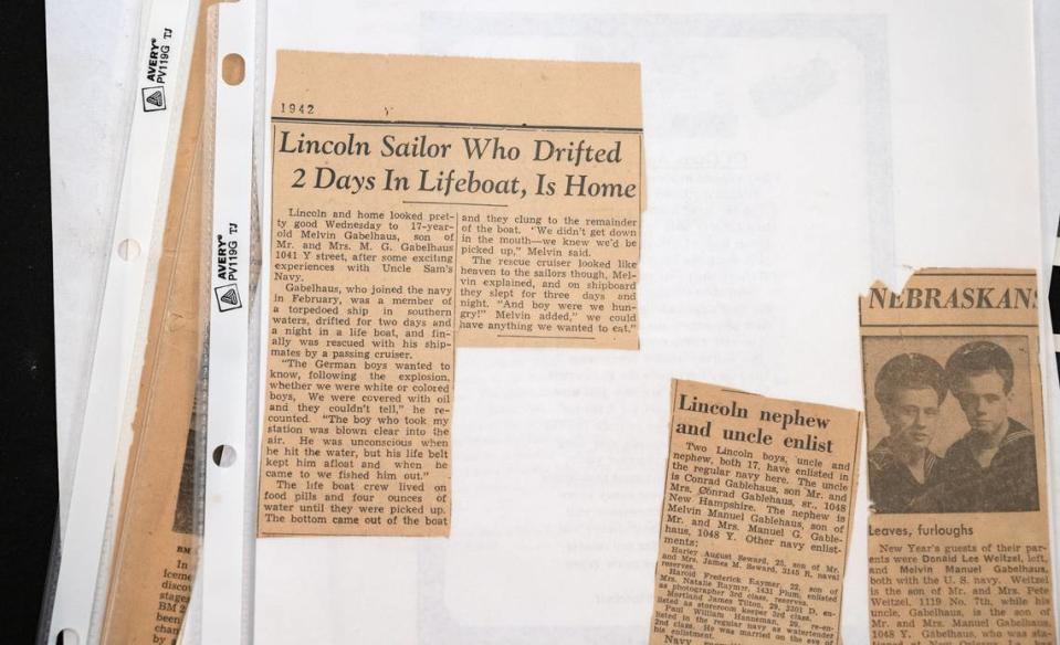 New clippings state that Melvin “Gabe” Gabelhaus, 98, entered the U.S. Navy at 17, but Gabelhaus says he enlisted at 16 by altering his birth data. Photographed in Modesto, Calif., Saturday, August 26, 2023. Andy Alfaro/aalfaro@modbee.com