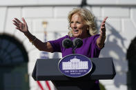 First lady Jill Biden speaks as she hosts the Council of Chief State School Officers' 2020 and 2021 State and National Teachers of the Year on the South Lawn of the White House in Washington, Monday, Oct. 18, 2021. (AP Photo/Susan Walsh)