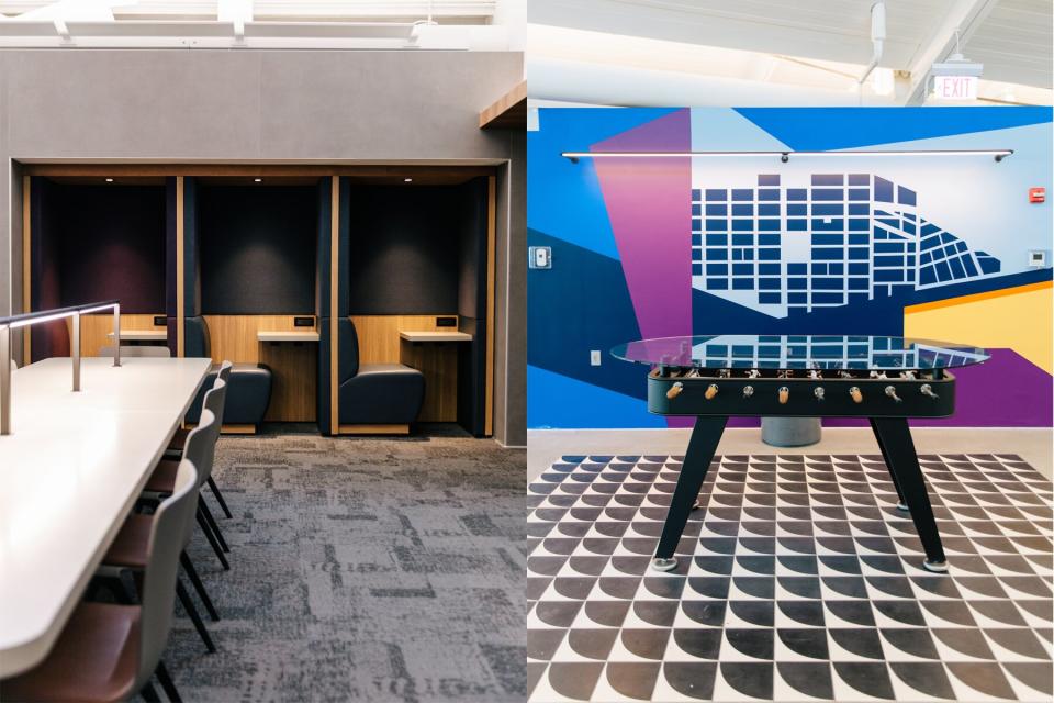 Seating and foosball inside the United EWR C3 United Club