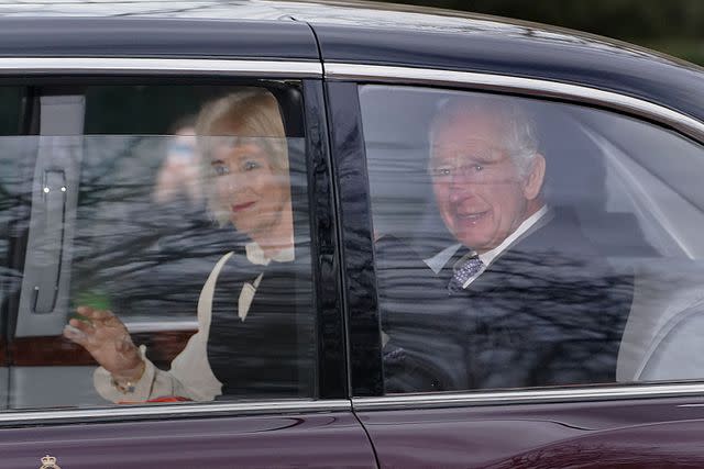 <p>James Manning/PA Images via Getty Images</p> Queen Camilla and King Charles leave Clarence House in London on Feb. 6.