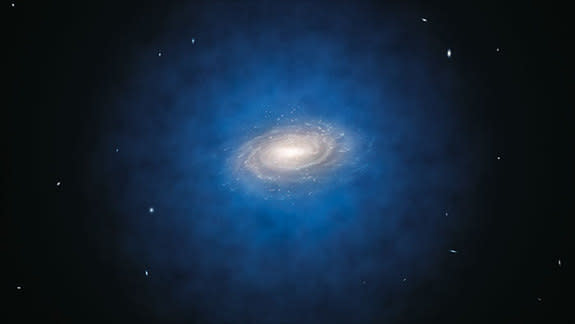 An artist's impression of the Milky Way galaxy. The dark matter halo, shown in blue, is not actually visible.