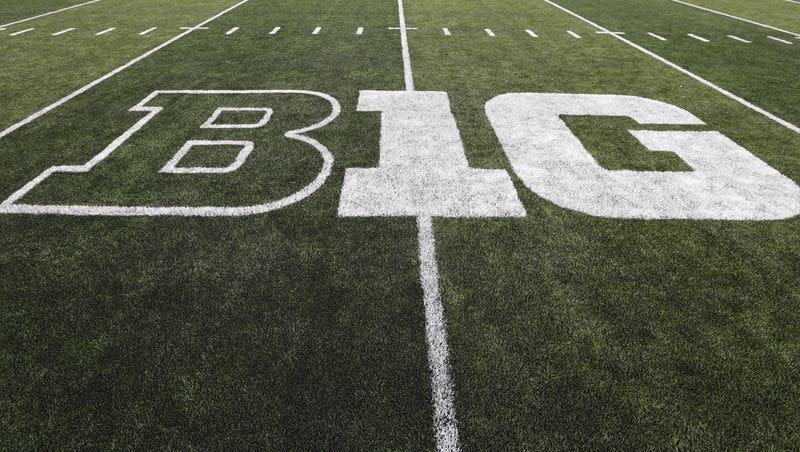 The Big Ten logo is displayed on the field before an NCAA college football game between Iowa and Miami of Ohio in Iowa City, Iowa., Aug. 31, 2019. 