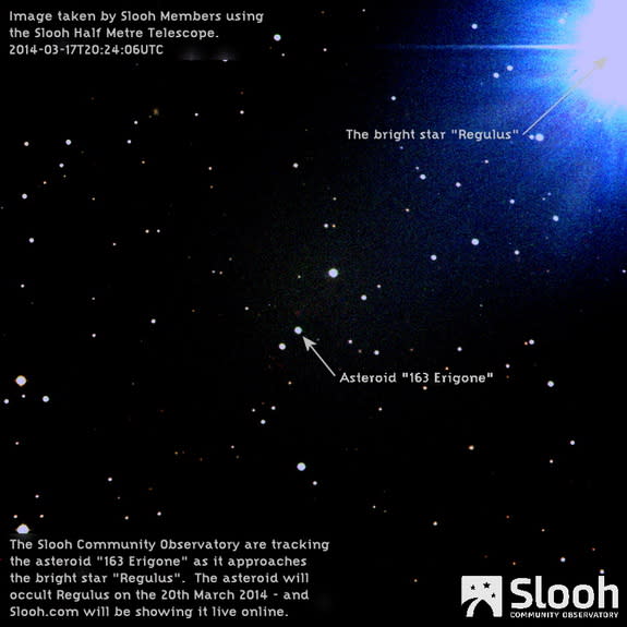 The asteroid 163 Erigone is seen near the bright star Regulus on March 17, 2014, just days ahead of a rare March 20 occultation of the star by the asteroid. This image was taken by the Slooh Half-Meter Telescope, a remotely operated telescope u