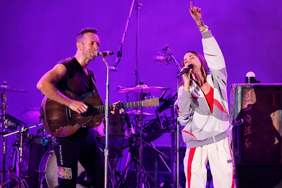 Chris Martin of Coldplay and Melanie C perform onstage during the 8th annual "We Can Survive" concert hosted by Audacy at Hollywood Bowl on October 23, 2021 in Los Angeles, California.