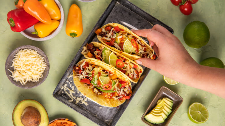 Aerial shot of tacos on table