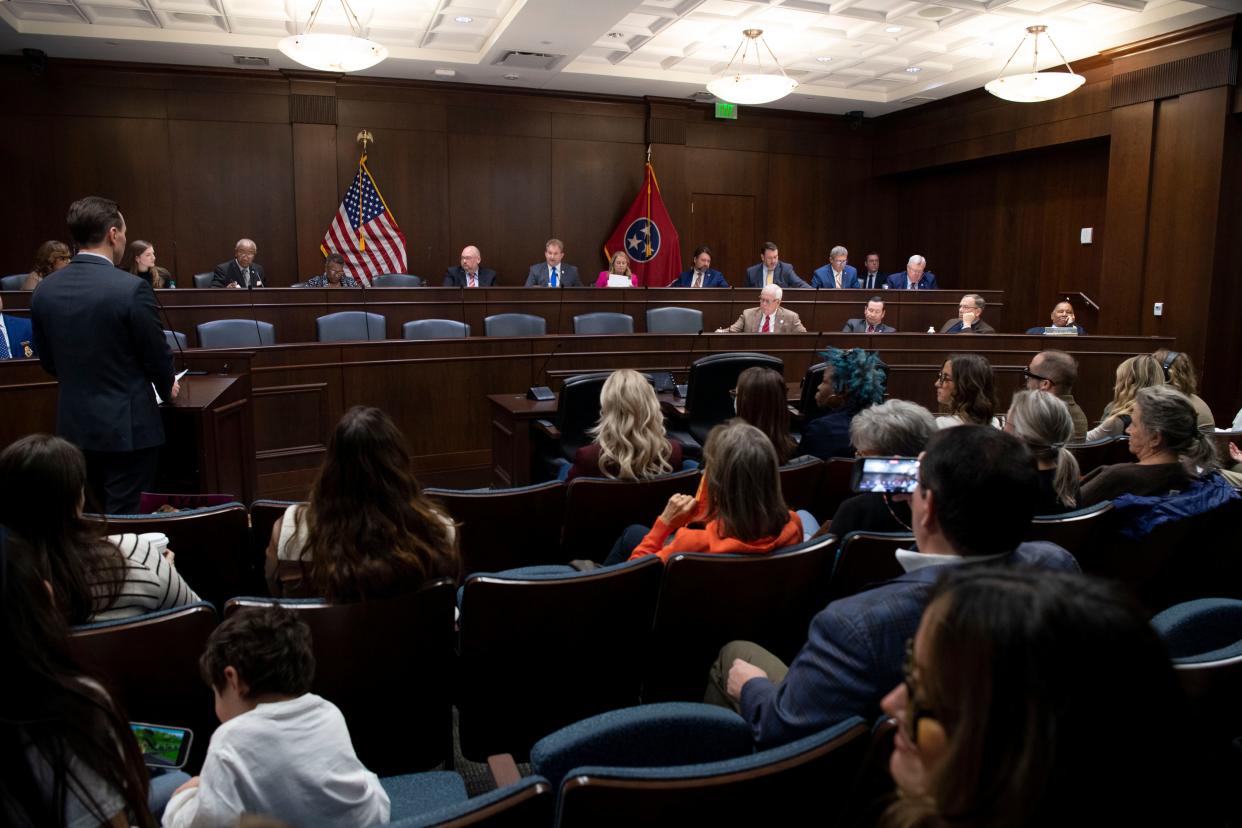 People in the crowd listen during a House Rules committee meeting at Cordell Hull State Office Building in Nashville, Tenn., Monday, Jan. 8, 2024.